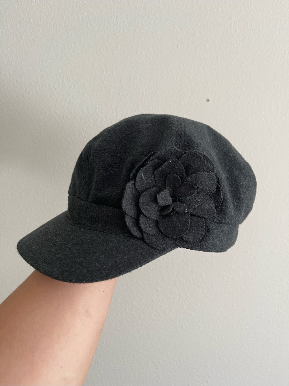 Black Wool Flower Newsboy Cap - Women Accessories